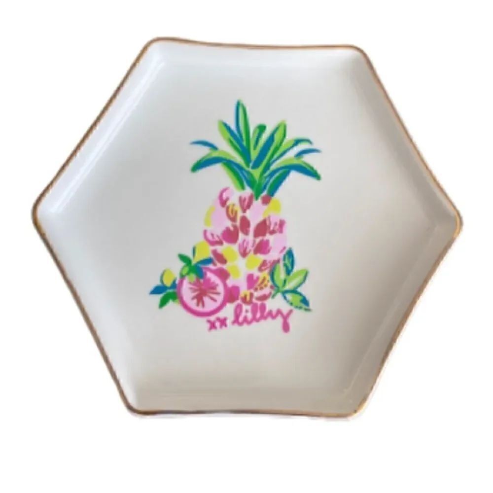 Lilly Pulitzer Ceramic Trinket Tray Pineapple Motif Gold Trim